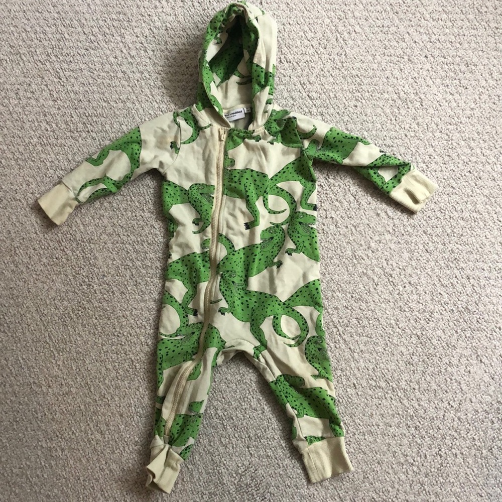 Mini Rodini Green Dinosaur Print Hooded One-Piece Romper - Cream & Green